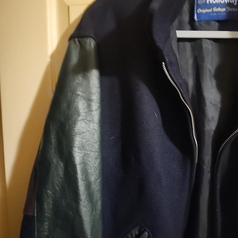 Holloway Black Navy Wool & Leather Bomber Jacket Varsity